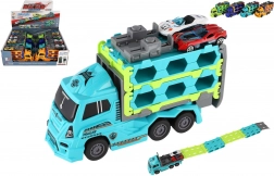 Plastový kamión – prepravník áut na zotrvačník 22 cm + 2 športové autíčka