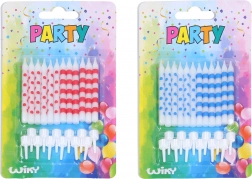 Narodeninové sviečky s bodkami a prúžkami, 12 ks + stojančeky