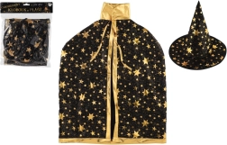 Detský čarodejnícky klobúk a plášť čierno‑zlatý, priemer 38 cm