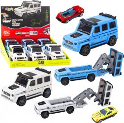 terénne auto so skrytým autíčkom a vystreľovacou rampou, svetlo a zvuk – biela/ modrá