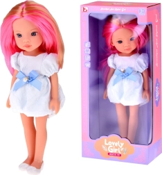 bábika s dlhými ružovo-blond vlasmi v bielych šatách s modrou mašľou 33 cm