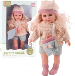 Bábika Sweet Angel v pletenom svetríku s kabelkou a čiapkou 36 cm