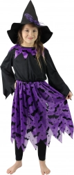 detský kostým čarodejnice s klobúkom a motívom netopierov (veľkosť S)