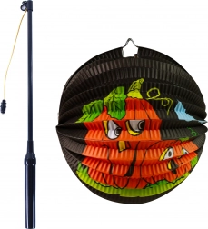 Halloweenský papierový lampión tekvica 25 cm so svietiacou paličkou 50 cm