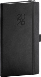 Štýlový čierny vreckový diár s gumičkou a pútkom na ceruzku Aprint 2026