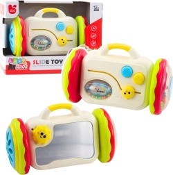 Interaktívne zrkadielko na kolieskach pre bábätká – vzdelávacia hračka s hrkálkou