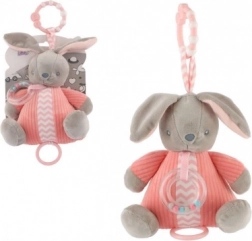 Plyšový zajačik s naťahovacím hracím strojčekom a hrkálkou, ružový (18 × 20 cm)