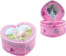 Ružová srdcová hracia šperkovnica s jednorožcom a baletkou