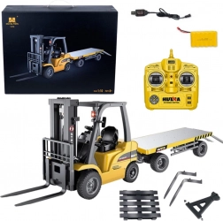 Vysokozdvižný vozík s prípojným vozíkom na diaľkové ovládanie 1:10, oranžový