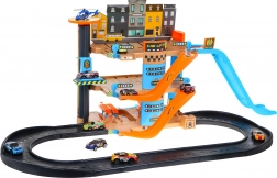 Štvorposchodová parkovacia veža s výťahom pre deti 3+ Autíčka a helikoptéra so šmykľavkou