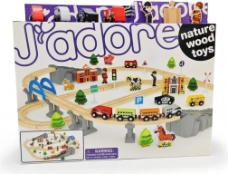 Drevená vláčkodráha s mostom a doplnkami