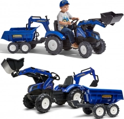 Falk šliapací traktor New Holland s prívesom, modrý, od 3 rokov
