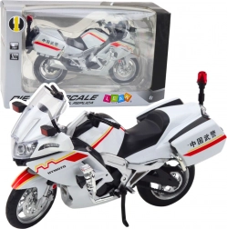 Kovový motocykel 1:12 so svetlami a zvukmi – biely s červeno‑žltými prvkami