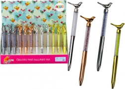 Guľôčkové pero s vtáčikom a trblietavými kamienkami, modrý atrament 0,7 mm