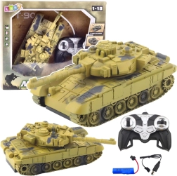 RC tank T-90 1:18 s otočnou vežou, svetlá a zvuky – piesková kamufláž