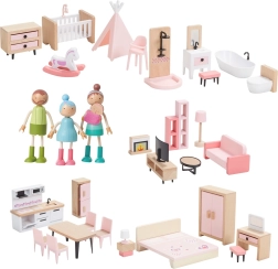 Drevená sada nábytku do domčeka s rodinkou 5 v 1