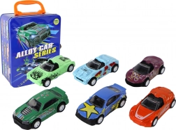 Sada kovových autíčok s trecím pohonom v plechovom kufríku 1:64, 6 ks