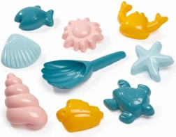 Sada pieskových formičiek s morskými motívmi a lopatka v tvare mušle