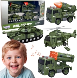 WOOPIE sada vojenských vozidiel s raketometmi, tankom a vrtuľníkom 4 ks, mierka 1:20