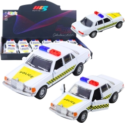 Kovové policajné autíčko 1:32 s pull-back pohonom a otváracími dverami, biele