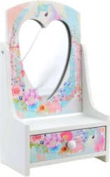 Drevená šperkovnica so srdiečkovým zrkadielkom Jednorožec