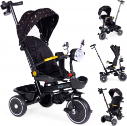 Detská trojkolka so sedadlom otočným o 360°, vodiacou tyčou a strieškou, čierna, ECOTOYS