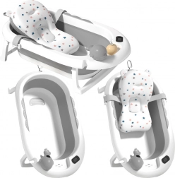 Skladacia detská vanička s teplomerom a mäkkou vložkou, sivá s hviezdičkami