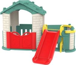 Záhradný domček 3v1 pre deti so zelenou strechou a šmykľavkou