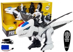 Interaktívny robotický tyranosaurus bielej farby