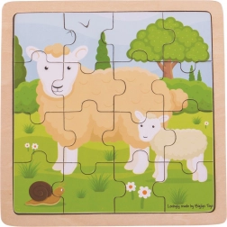 Drevené rámové puzzle ovečka s jahniatkom BIGJIGS TOYS, 18 dielikov
