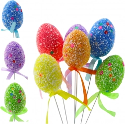 Veľkonočné vajíčka na drôtiku farebné s bielymi vzormi a stuhou 6 ks
