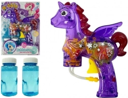 Fialová jednorožec pištoľ na mydlové bubliny