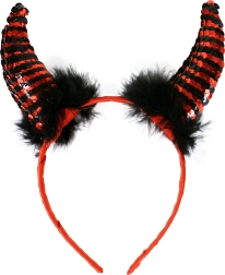 čertovské rohy s flitrami a perím na saténovej čelenke