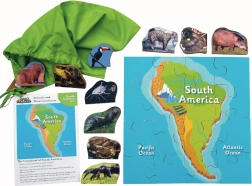 Drevené puzzle Južná Amerika a jej zvieratá - 16 dielikov a 10 zvierat