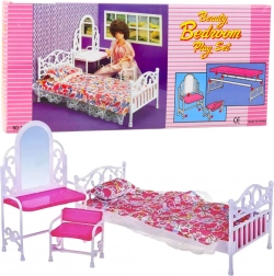 Súprava nábytku pre bábiky s posteľou, toaletným stolíkom a stoličkou s kvetinovým povlečením