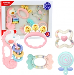 Súprava senzorických hrkálok a hryzátok pre dojčatá ružová 5 ks