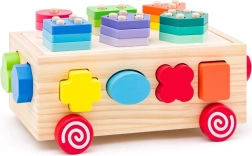 Drevený vozík s triedičom tvarov a kockami 3 v 1