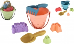 Plastová sada na piesok s vedierkom, lopatkou, hrabličkami a 3 formičkami v sieťke