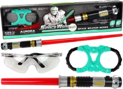 Kozmická sada: svetelný meč s tyrkysovým svetlom a ochranné okuliare so zvukom