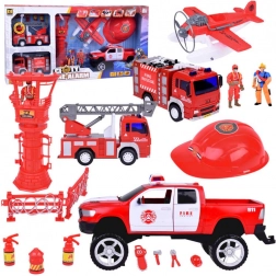 Veľká sada hasičských vozidiel s helmou