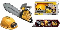 Hračka motorová píla s prilbou a svietidlom pre malých drevorubačov