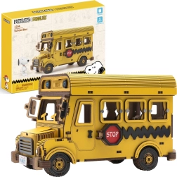 Puremind drevený 3D model školského autobusu PEANUTS Snoopy – stavebnica