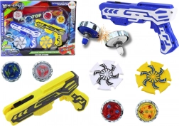Sada pištoľových vystreľovačov so 4 kovovými kotúčmi so svetlami – modrá a žltá