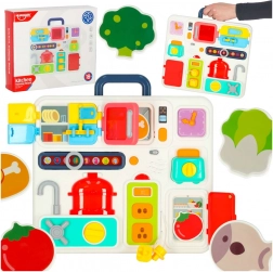 Montessori manipulačná tabuľa s kuchynskými prvkami a učiacim sa hodinami