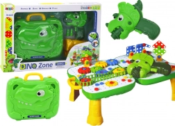 Detský DIY stolík s kufríkom DINOSAUR a aku vŕtačkou, 249 dielov