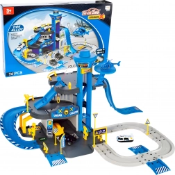 Policajná garáž so stanicou, 3 poschodia s výťahom, autá a vrtuľník, 74 dielov