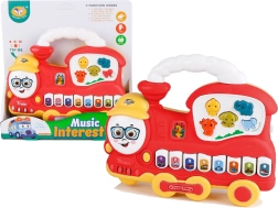 Interaktívne detské pianínko lokomotíva – zvuky zvieratiek, zvuky vozidiel a melódie, červené