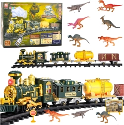 Klasická elektrická vláčikodráha s dinosaurami a RC diaľkovým ovládaním, svetlami, zvukmi a dymom – 39 dielov