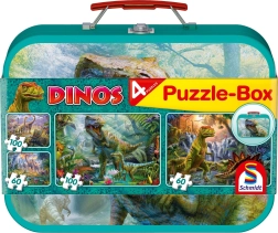 Detské puzzle Dinosaury 4v1 v plechovom kufríku