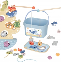 Drevená morská sada 3v1: vyvažovacia veža, magnetický rybolov a navliekanie – 23 dielov